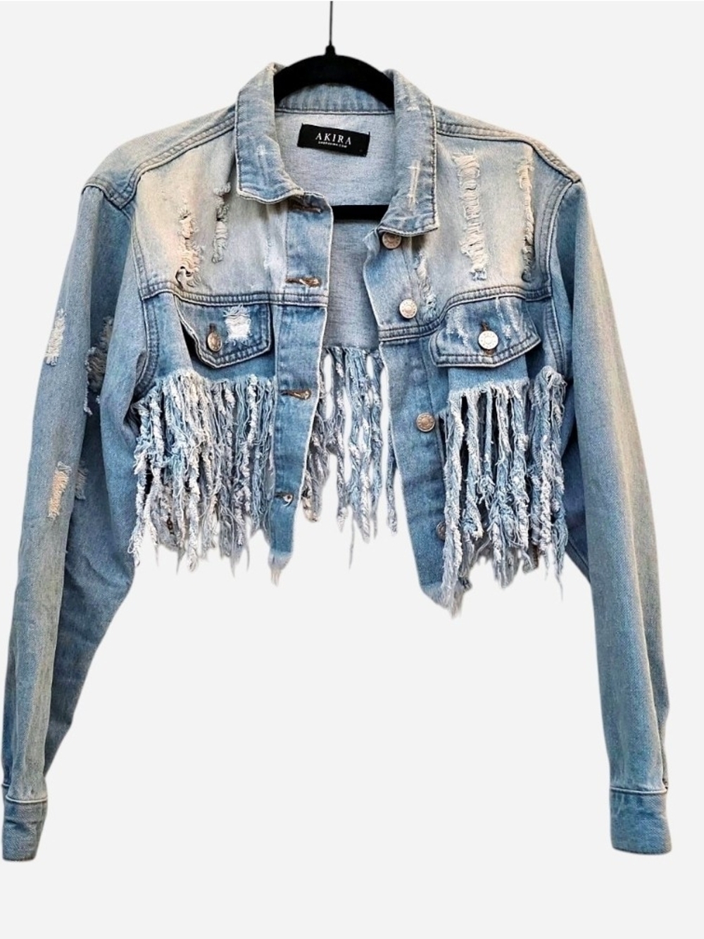 Akira Light Blue Distressed Cropped Fringe Denim Jacket